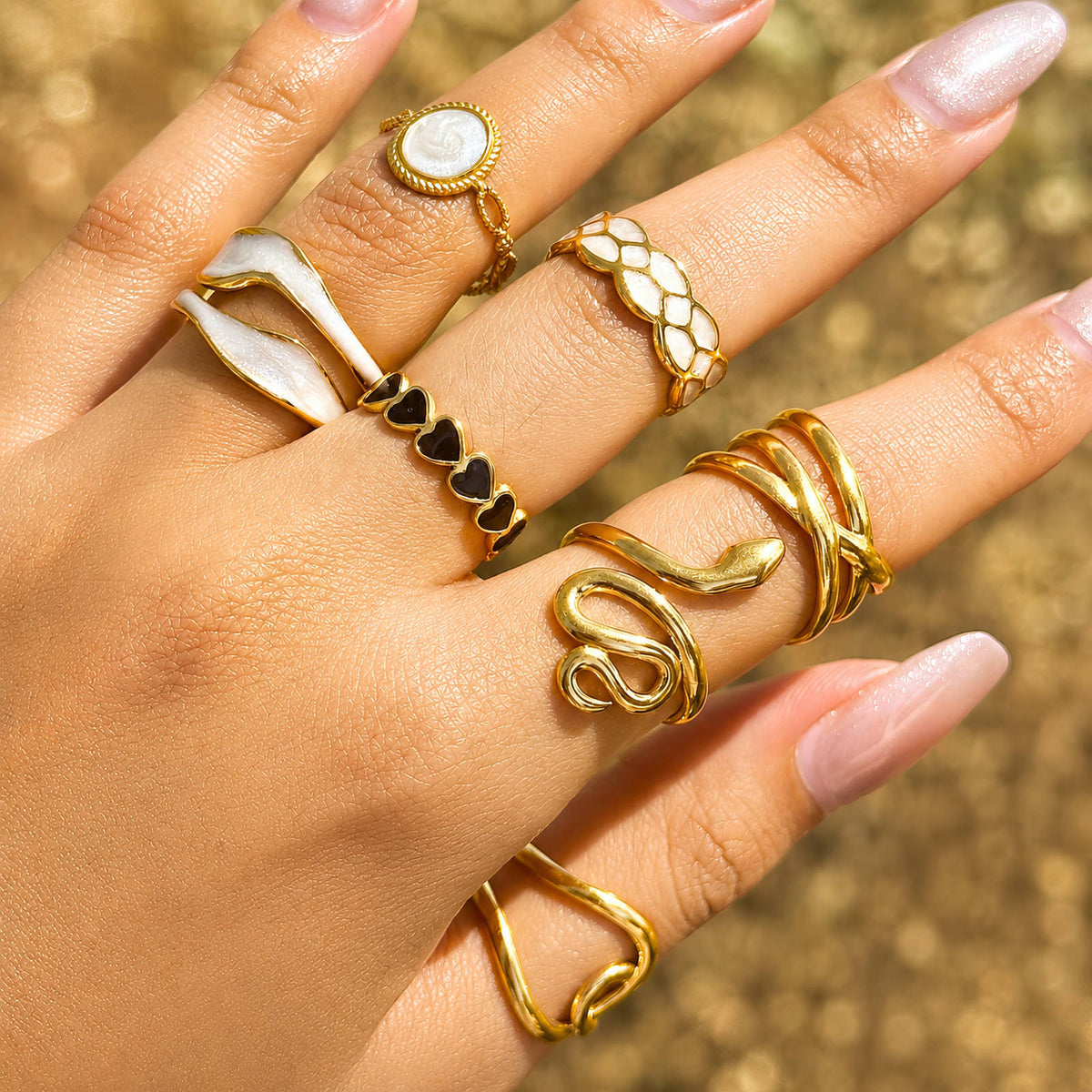 Gold And White Sculptured Wave Ring 18k Gold Plated