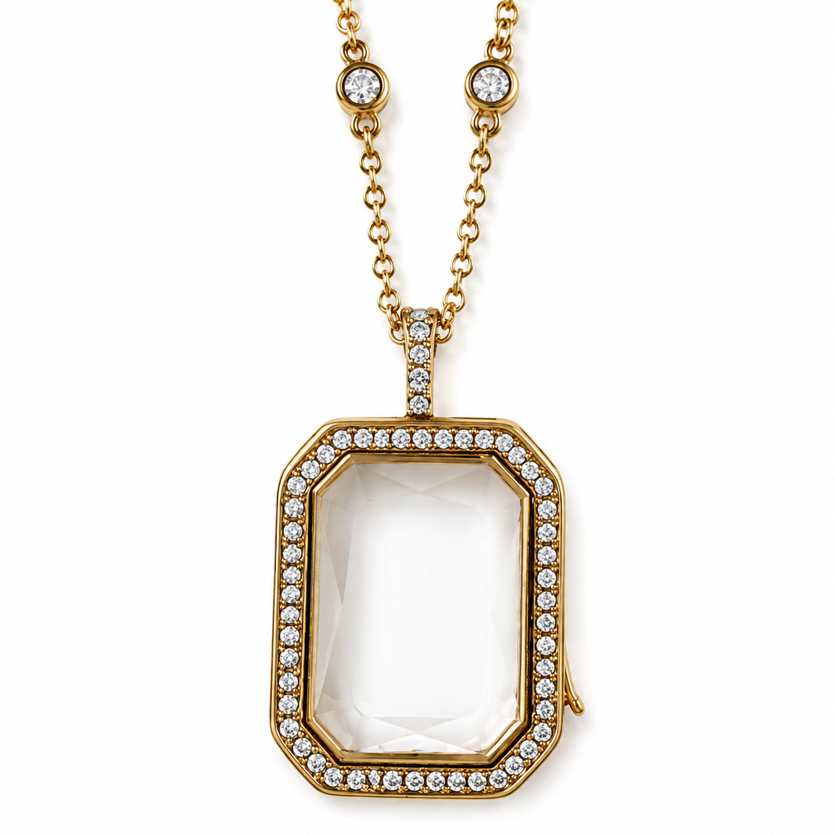 Gold Plated Crystal Rectangular Memory Locket Necklace