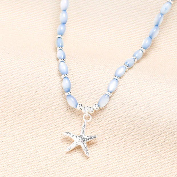 Starfish Blue Beaded Necklace Silver