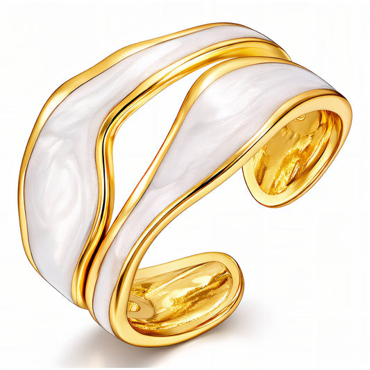 Gold And White Sculptured Wave Ring 18k Gold Plated