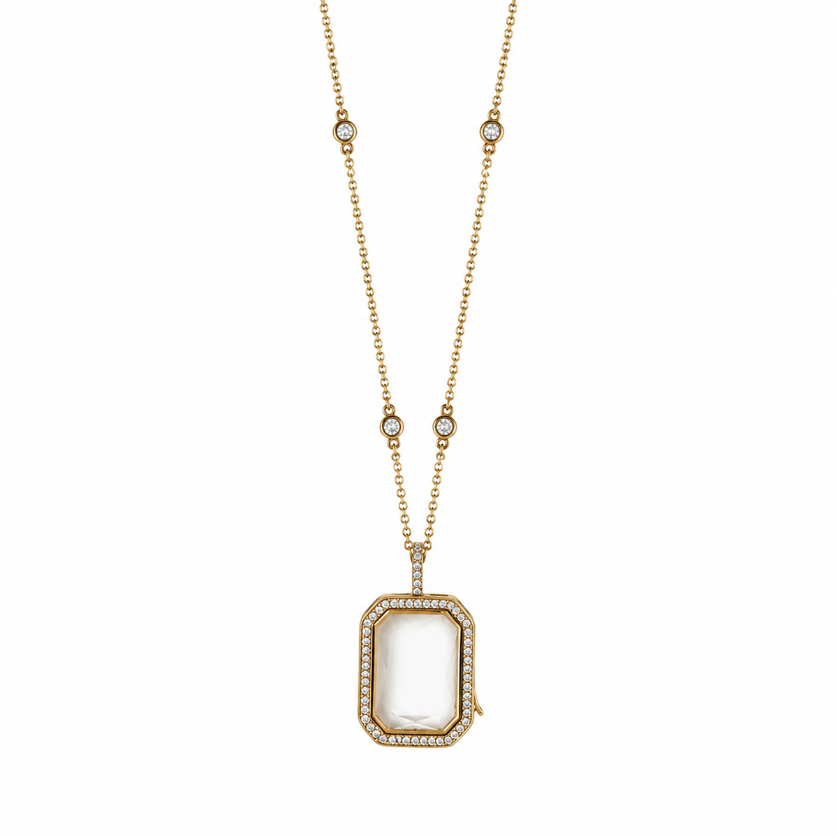 Gold Plated Crystal Rectangular Memory Locket Necklace