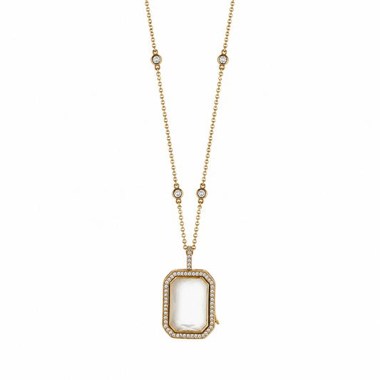 Gold Plated Crystal Rectangular Memory Locket Necklace