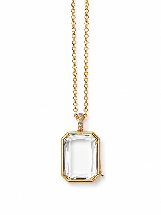 Gold Crystal Rectangle Memory Locket Necklace