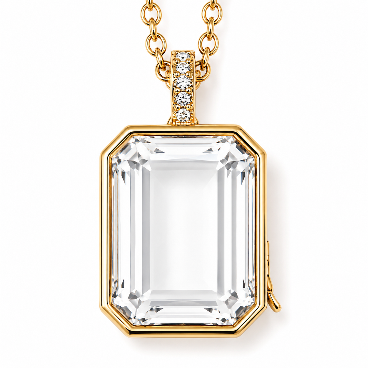 Gold Crystal Rectangle Memory Locket Necklace