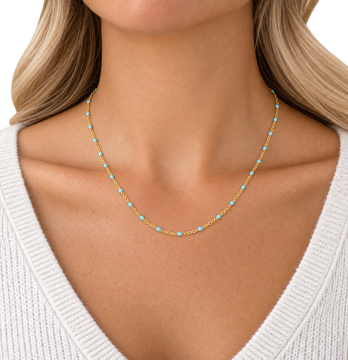 Turquoise And Gold Beaded Chain Necklace