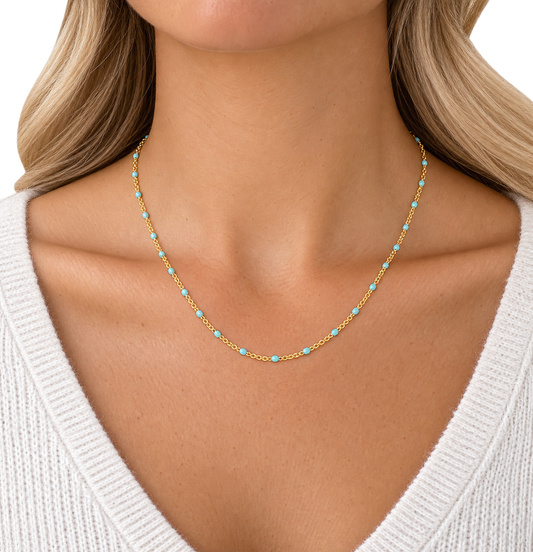 Turquoise And Gold Beaded Chain Necklace