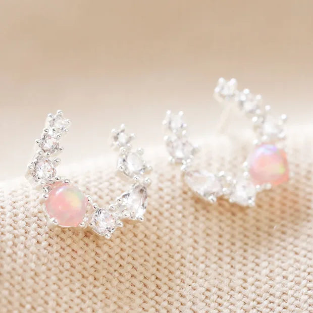 Crystal And Opal Horseshoe Stud Earrings In Silver