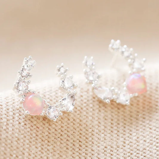 Crystal And Opal Horseshoe Stud Earrings In Silver