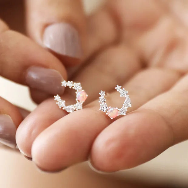 Crystal And Opal Horseshoe Stud Earrings In Silver