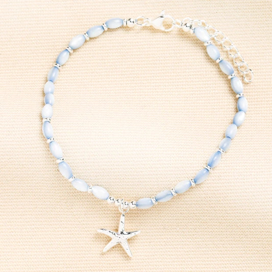 Starfish Blue Beaded Bracelet Silver